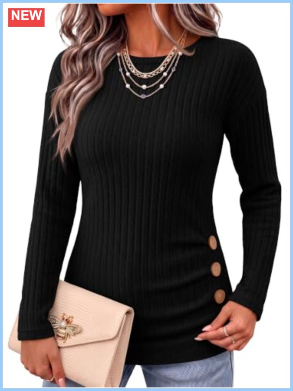 Ribbed Knit Long Sleeve Tunic Top with Side Buttons